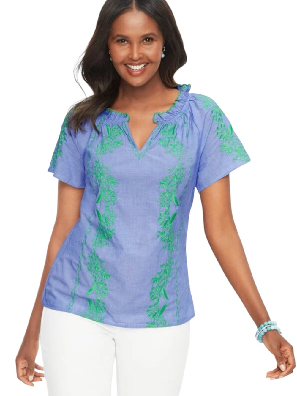 Talbots Floral Embroidered Top Size Petite P Blue NWT
